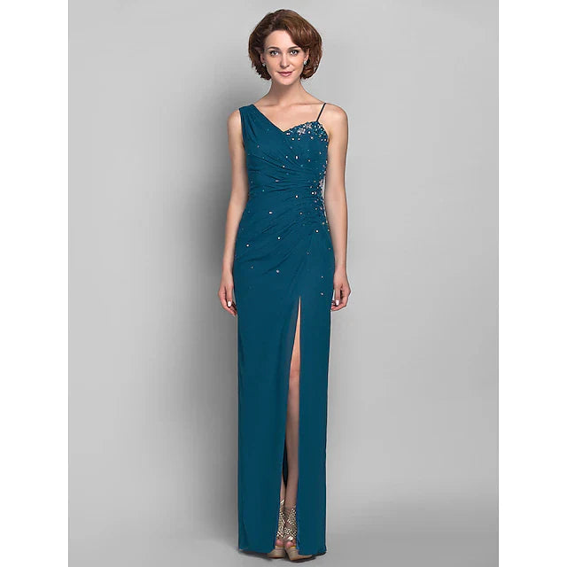 Wholesale Sheath / Column Mother of the Bride Dress Furcal One Shoulder Floor Length Chiffon Sleeveless with Beading
